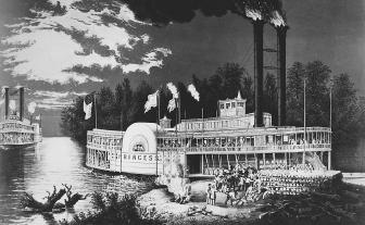 The riverboat era was romanticized by various painters in the nineteenth century. This print by Currier and Ives shows a Mississippi riverboat loading logs.