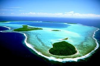 Tetiaroa in French Polynesia's Society Islands is an atoll reef that formed at the edge of an old submerged volcano. It forms an irregular ring around a shallow central lagoon, and its outside edges drop steeply to the ocean floor.