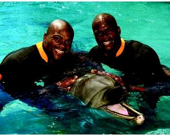 Marine mammals are prominent residents and entertainers at aquaria and entertainment complexes throughout the world. This bottlenose dolphin "smiles" for the camera with its celebrity visitors, track and field athletes Calvin and Alvin Harrison.