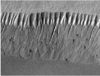 These gully landforms near the south polar region of Mars show evidence of geologically recent seepage and runoff of liquid water. Today, however, water on Mars appears to exist mainly as subsurface ice.
