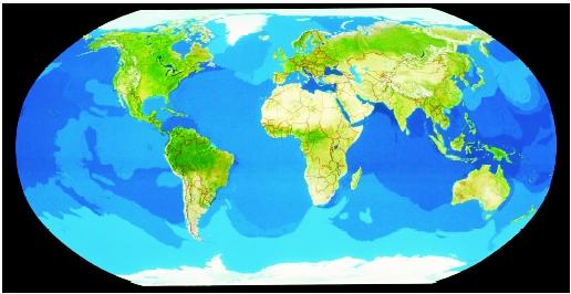 The world ocean with five major subdivisions covers nearly three-fourths of Earth's surface. From left to right are the easily recognizable eastern Pacific, Atlantic, Indian, and western Pacific Oceans, whereas the Arctic Ocean (top) and Antarctic (Southern) Ocean (bottom) are less apparent.