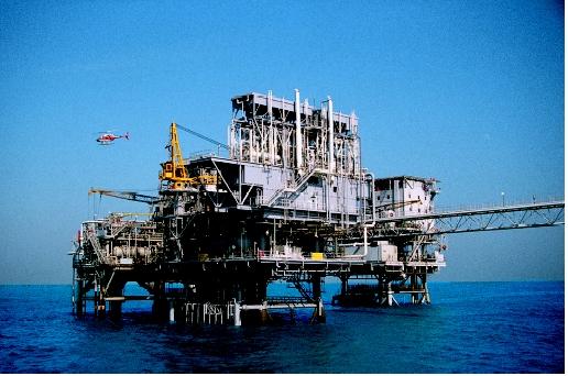 This platform, located in the Java Sea, is producing petroleum from a reservoir under the seafloor.